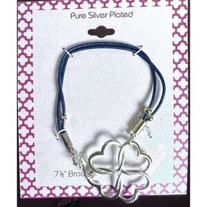 Women's 7.5" Pure Silver-Plated Bracelet with Two Thin Dark Blue Leather Strands